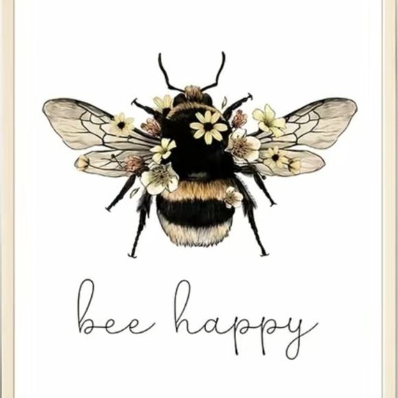 Bee Happy Cute Bumblebee Floral Motivational Canvas Art Print Poster 24"L x 16"W - Picture 1 of 3